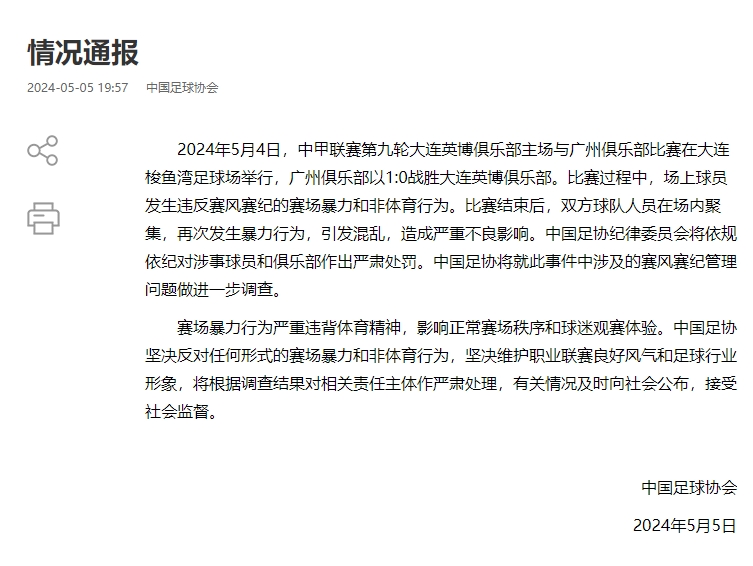 大连英博:总结经验教训对涉事人内部停赛